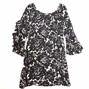 Uncle Frank Shift Dress Black White Rose Print Open Ruffle Sleeve Women Size XL